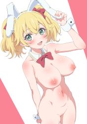 Rule 34 | 1girl, animal ears, blonde hair, blush, bow, bowtie, breasts, fake animal ears, green eyes, highres, lapis re:lights, large breasts, lavie (lapis re:lights), looking at viewer, navel, nipples, nude, open mouth, pussy, rabbit ears, red bow, red bowtie, sincos, smile, solo, standing, twintails