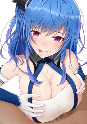 Rule 34 | 1boy, 1girl, azur lane, bad id, bad pixiv id, bare shoulders, blue gloves, blue hair, breasts, cleavage, closed mouth, commentary request, cum, cum on body, cum on breasts, cum on upper body, elbow gloves, facial, gloves, hair ornament, halterneck, hetero, highres, kannko bokujou, large breasts, licking lips, long hair, looking at viewer, male pubic hair, multicolored clothes, multicolored gloves, paizuri, paizuri under clothes, pubic hair, purple eyes, revision, side ponytail, simple background, solo focus, st. louis (azur lane), tongue, tongue out, upper body, white background, white gloves