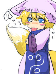 Rule 34 | 1girl, aged down, animal ears, animal hat, bad id, bad pixiv id, blonde hair, blue eyes, female focus, fox ears, fox tail, hat, long sleeves, mob cap, short hair, simple background, solo, tail, tassel, tongue, tongue out, touhou, white background, wide sleeves, yakumo ran