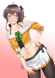 Rule 34 | 1girl, ahoge, artist name, bare shoulders, black camisole, black pantyhose, black ribbon, brown hair, buttons, camisole, collarbone, commentary request, contrapposto, cowboy shot, crop top, cropped jacket, dutch angle, ganto, gradient background, green eyes, green ribbon, hair ribbon, halterneck, hand on own hip, hand on own thigh, hololive, jacket, long hair, looking away, looking to the side, midriff, miniskirt, natsuiro matsuri, natsuiro matsuri (1st costume), navel, off-shoulder jacket, off shoulder, orange jacket, pantyhose, parted lips, pink background, pleated skirt, ribbon, side ponytail, signature, skirt, sleeves past elbows, smile, solo, standing, stomach, striped, striped ribbon, virtual youtuber, white background, white skirt