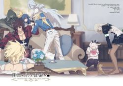 Rule 34 | 3boys, 3girls, asymmetrical wings, blonde hair, blue eyes, blue hair, breasts, choker, couch, dark skin, dizzy (guilty gear), dog, elphelt valentine, father and daughter, father and son, green eyes, guilty gear, guilty gear xrd, ky kiske, long hair, maka (morphine), mother and daughter, multiple boys, multiple girls, necro (guilty gear), ponytail, ramlethal valentine, red eyes, ribbon, school uniform, shaded face, short hair, sin kiske, smile, sol badguy, tail, twintails, undine (guilty gear), white hair, wings