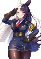 Rule 34 | 1girl, absurdres, animal ears, armband, belt, black belt, black gloves, black hair, blue jacket, breasts, collared shirt, commission, gloves, hand on own hip, highres, jacket, kurokuro100, large breasts, long hair, medium breasts, multicolored hair, necktie, one eye closed, original, pantyhose, parted lips, purple eyes, red necktie, salute, shirt, skeb commission, smile, solo, split-color hair, tail, uniform, white hair, white shirt, yellow armband