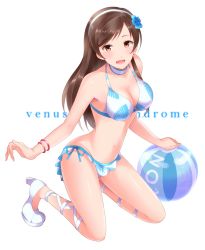 Rule 34 | 10s, 1girl, aireenhp, ball, blush, bracelet, breasts, brown hair, choker, cleavage, collarbone, flower, groin, hair ornament, hairband, idolmaster, idolmaster cinderella girls, jewelry, long hair, navel, nitta minami, open mouth, solo, swimsuit, white background, yellow eyes