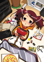 Rule 34 | 1girl, brown hair, chips (food), food, game boy, game boy (original), game boy advance, game boy advance sp, game console, hair ornament, hairclip, handheld game console, hood, hoodie, ico, imaizumi teruhiko, indoors, jacket, kotatsu, lying, nintendo, original, pizza, playing games, playstation 2, purple eyes, red hair, short hair, solo, sony, table, track jacket, twintails, video game