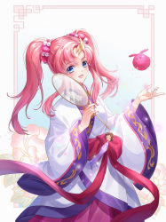 Rule 34 | 1girl, :d, absurdres, blue eyes, floating hair, gundam, gundam seed, gundam seed destiny, hair between eyes, haro, highres, holding, japanese clothes, kimono, lacus clyne, long hair, long sleeves, looking at viewer, open mouth, pink hair, smile, solo, standing, tsuna2727, white kimono, wide sleeves