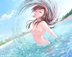 Rule 34 | 1girl, atomix, beach, breasts, brown hair, cloud, day, dutch angle, closed eyes, island, large breasts, long hair, md5 mismatch, nipples, nude, nudist, ocean, open mouth, original, outdoors, sky, solo, splashing, text focus, water, watermark, web address
