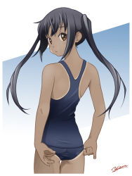 Rule 34 | 1girl, :/, adjusting clothes, adjusting swimsuit, ann yosh, ass, black hair, brown eyes, clothes pull, cowboy shot, from behind, gradient background, highres, k-on!, long hair, looking at viewer, looking back, nakano azusa, one-piece swimsuit, one-piece swimsuit pull, one-piece tan, school swimsuit, sidelocks, solo, standing, swimsuit, tan, tanline, twintails
