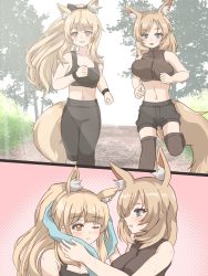Rule 34 | 2girls, animal ear fluff, animal ears, arknights, aunt and niece, black pants, black shorts, black sports bra, blemishine (arknights), blonde hair, blue hair, exercising, high ponytail, highres, horse ears, horse girl, horse tail, jogging, long hair, midriff, multiple girls, navel, one eye closed, open mouth, outdoors, pants, running, shorts, smile, sports bra, tail, thighhighs, tififox, towel, whislash (arknights), yellow eyes