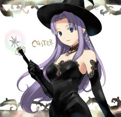 Rule 34 | 1girl, bare shoulders, black dress, black gloves, blue eyes, braid, breasts, character name, choker, cleavage, dress, elbow gloves, fate/stay night, fate (series), gloves, glowing, hat, jewelry, lace, lace-trimmed dress, lace-trimmed gloves, lace trim, lipstick, long hair, makeup, medea (fate), necklace, pendant, plant, pointy ears, purple hair, see-through, side braid, smile, solo, strapless, strapless dress, takenashi eri, very long hair, vines, wand, witch, witch hat
