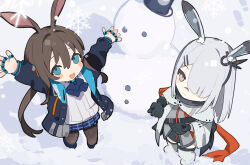 Rule 34 | 2girls, :d, absurdres, amiya (arknights), animal ear fluff, animal ears, arknights, arms up, ascot, black gloves, black jacket, black pantyhose, blue ascot, blue collar, blue eyes, blue skirt, blush stickers, brown hair, chibi, coat, collar, ear ornament, frostnova (arknights), gloves, grey eyes, grey hair, grey shirt, hair between eyes, hair over one eye, happy, highres, jacket, jewelry, long sleeves, maria (syake-uni), multiple girls, multiple rings, neck ring, open clothes, open coat, open hands, open jacket, open mouth, pantyhose, plaid, plaid skirt, pleated skirt, ponytail, rabbit ears, rabbit girl, ring, scar, scar on face, scar on nose, shirt, skirt, smile, snowflakes, snowman, standing, thighhighs, white coat, white shirt, white thighhighs