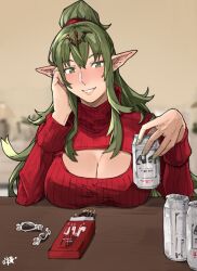 Rule 34 | 1girl, breasts, can, cleavage cutout, clothing cutout, fire emblem, fire emblem awakening, food, green eyes, green hair, highres, holding, holding can, large breasts, long hair, looking at viewer, nintendo, pocky, pointy ears, ponytail, red sweater, ribbed sweater, sakuremi, sidelocks, smile, solo, sweater, table, teeth, tiki (adult) (fire emblem), tiki (fire emblem)