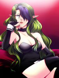 Rule 34 | 1girl, bare shoulders, blue eyes, breasts, bridal gauntlets, head rest, choker, cleavage, elbow gloves, female focus, gloves, green hair, hair over eyes, hair over one eye, crossed legs, lips, lipstick, long hair, makeup, misery (outer zone), multicolored hair, outer zone, pointy ears, purple hair, sitting, solo, thighhighs, wrist cuffs, yodobashi yuo