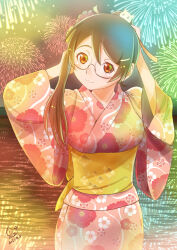 Rule 34 | 1girl, breasts, brown eyes, brown hair, cat hair ornament, closed mouth, commentary request, dated, fireworks, flower, glasses, hair flower, hair ornament, hairclip, hanekawa tsubasa, huumoon, japanese clothes, kimono, large breasts, long hair, looking at viewer, monogatari (series), pink kimono, ponytail, smile, solo, standing, yukata