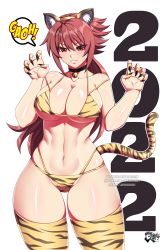 Rule 34 | 1girl, 2022, animal ears, animal print, artist logo, bell, bikini, breasts, brown hair, chinese zodiac, claws, cleavage, collar, curvy, deviantart username, facebook username, facial mark, fake animal ears, female focus, hairband, happy new year, highres, jadenkaiba, large breasts, long hair, looking at viewer, midriff, naughty face, navel, neck bell, new year, original, parted lips, pixiv username, print bikini, print thighhighs, red eyes, smile, solo, speech bubble, standing, swimsuit, tail, thighhighs, thong, thong bikini, tiger ears, tiger print, tiger tail, underboob, watermark, web address, wide hips, year of the tiger, yui rakkuza