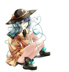 Rule 34 | 1girl, ankle boots, aqua hair, bare legs, between legs, boots, brown footwear, frilled shirt collar, frilled sleeves, frills, from side, full body, gorilla (bun0615), green eyes, hand between legs, heart, heart of string, highres, knees up, komeiji koishi, long sleeves, looking at viewer, looking to the side, no pants, panties, pantyshot, sailor collar, shirt, short hair, simple background, sitting, sleeves past wrists, solo, spread legs, touhou, transparent, underwear, white background, white panties, yellow shirt