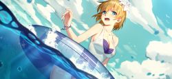 Rule 34 | 1girl, absurdres, blonde hair, blue eyes, blue sky, blush, breasts, cleavage, cloud, day, dutch angle, embarrassed, flower, from below, hair flower, hair ornament, highres, innertube, looking at viewer, medium breasts, one-piece swimsuit, open mouth, partially submerged, rekaerb maerd, romantic saga of beauty &amp; devil, short hair, sky, solo, swim ring, swimsuit, water, white one-piece swimsuit