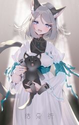 Rule 34 | 1girl, animal, animal ears, cat ears, cat tail, claws, dog, dress, fang, final fantasy, final fantasy xvi, frilled sleeves, frills, grey hair, head tilt, highres, holding, holding animal, holding dog, jiaxi daze, jill warrick, looking at viewer, puppy, smile, tail, torgal (ff16), wolf