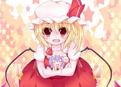 Rule 34 | 2girls, blonde hair, blue hair, brooch, candy, closed eyes, collarbone, fang, flandre scarlet, food, hat, hat ribbon, heart, hug, jewelry, leaning forward, lollipop, looking at viewer, mini person, minigirl, mob cap, multicolored background, multiple girls, ofukousu, open mouth, red eyes, remilia scarlet, ribbon, short hair, short sleeves, siblings, side ponytail, sisters, skirt, skirt set, star (symbol), touhou, wings