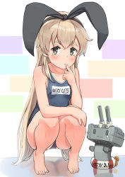 Rule 34 | 1girl, alternate costume, bad id, bad pixiv id, barefoot, blonde hair, blue one-piece swimsuit, blush, breasts, closed mouth, feet, grey eyes, hair between eyes, hairband, highres, kantai collection, long hair, one-piece swimsuit, osananajimi neko, rensouhou-chan, school swimsuit, shimakaze (kancolle), short eyebrows, sitting, small breasts, swimsuit, toes, very long hair
