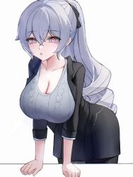 Rule 34 | 1girl, :o, bent over, black jacket, black skirt, breasts, bronya zaychik, bronya zaychik (outstanding attitude), bronya zaychik (silverwing: n-ex), cleavage, drill hair, grey background, grey eyes, grey hair, grey sweater, hair between eyes, highres, honkai (series), honkai impact 3rd, jacket, large breasts, long hair, pencil skirt, pink pupils, ribbed sweater, simple background, skirt, solo, sweater, whalelvya