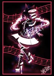 Rule 34 | 1girl, absurdres, ai-generated art (topic), ai-generated encore (meme), alternate color, beamed eighth notes, drill hair, eighth note, enix karura, full body, glowing, glowing footwear, glowing hair, hair ribbon, highres, kasane teto, long sleeves, meme, musical note, pleated skirt, profile, quarter note, ribbon, shirt, signature, skirt, solo, sparkle, staff (music), standing, utau