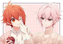 Rule 34 | 2boys, brothers, cable knit, cardigan, food, food on face, gomagoma, highres, idolish7, kujou tenn, long sleeves, looking at another, male focus, multiple boys, nanase riku, one eye closed, open cardigan, open clothes, pink cardigan, pink eyes, pink hair, red eyes, red hair, shirt, siblings, sweater, twins, white shirt, yellow sweater