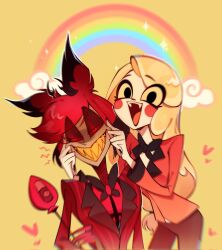 Rule 34 | 1boy, 1girl, alastor (hazbin hotel), black eyes, blonde hair, charlie morningstar, colored sclera, commentary request, fleshbd99, formal, grin, hands on another&#039;s cheeks, hands on another&#039;s face, hazbin hotel, highres, long hair, monocle, open mouth, rainbow, red eyes, red hair, red sclera, sharp teeth, short hair, smile, suit, teeth, yellow background, yellow sclera, yellow teeth