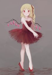 Rule 34 | :o, alternate costume, bare legs, blonde hair, blush, breasts, cleavage, collarbone, commentary, crystal, dress, english commentary, flandre scarlet, hair ribbon, highres, himuhino, medium hair, no headwear, no socks, red dress, red eyes, red footwear, red ribbon, ribbon, shoes, side ponytail, small breasts, strapless, strapless dress, touhou, wings