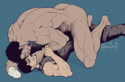 Rule 34 | 2boys, angry, ass, bara, berserk, black hair, brown eyes, character request, completely nude, couple, enaki (mtmti), face-to-face, full body, guts (berserk), hand on another&#039;s arm, hand on another&#039;s face, imminent rape, large pectorals, male focus, multiple boys, muscular, nude, on person, pectorals, scar, scar on face, scar on nose, short hair, spoilers, toned, toned male, twitter username, yaoi
