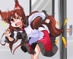 Rule 34 | 1girl, animal ears, brooch, brown hair, dress, imaizumi kagerou, jewelry, long hair, md5 mismatch, one eye closed, open mouth, red eyes, resized, shinapuu, solo, stuck, tail, touhou, wolf ears, wolf tail