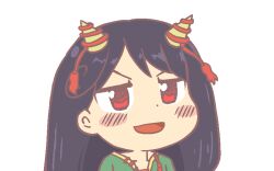 Rule 34 | 1girl, black hair, blush, green shirt, gyate gyate, horns, ikiyouz, jaggy lines, long hair, nippaku zanmu, oni horns, open mouth, portrait, red eyes, shirt, smile, solo, touhou, transparent background, unfinished dream of all living ghost