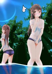 Rule 34 | 2girls, ass, between legs, blue buruma, blue eyes, blue sky, blush, breasts, brown eyes, brown hair, buruma, collarbone, day, embarrassed, female focus, gym uniform, hand between legs, hand to own mouth, hand up, have to pee, highres, knees together feet apart, kokosokodokokoko, long hair, looking back, matching hair/eyes, multiple girls, navel, no bra, nose blush, original, outdoors, partially submerged, see-through, shiny skin, shirt, shirt tug, sky, small breasts, standing, sunlight, thought bubble, tree, trembling, uniform, wading, water, white shirt