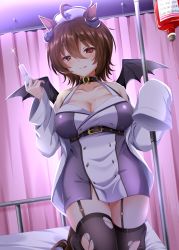 Rule 34 | 1girl, :p, absurdres, agnes tachyon (umamusume), ahoge, animal ears, bare shoulders, bed, black garter straps, black thighhighs, blood, blood bag, blush, breasts, brown hair, cleavage, collarbone, commentary request, curled horns, demon girl, demon horns, demon wings, dress, earrings, garter straps, hair between eyes, halloween costume, hat, highres, horns, horse ears, horse girl, horse tail, jewelry, kneeling, large breasts, nurse cap, on bed, purple dress, red eyes, ryochapu, short dress, short hair, single earring, sleeves past wrists, solo, syringe, tail, thighhighs, tongue, tongue out, torn clothes, torn thighhighs, umamusume, white dress, wings