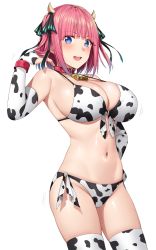 Rule 34 | 1girl, :d, absurdres, animal print, arm up, armpits, bare shoulders, bell, bikini, blue eyes, breasts, bridal gauntlets, choker, cleavage, cow horns, cow print, cow print bikini, cowbell, cowboy shot, elbow gloves, fake horns, front-tie bikini top, front-tie top, gloves, go-toubun no hanayome, hair ribbon, halterneck, hand on own hip, highres, horns, huge breasts, large breasts, looking at viewer, motion lines, nakano nino, navel, open mouth, pink hair, print bikini, red choker, ribbon, short hair, side-tie bikini bottom, smile, solo, standing, stomach, strap gap, string bikini, swimsuit, thighhighs, thighs, two side up, white thighhighs, yakimi 27