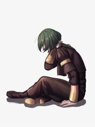 Rule 34 | 1boy, black footwear, boots, dirty, dirty clothes, dirty face, closed eyes, fire emblem, fire emblem: three houses, full body, garreg mach monastery uniform, green hair, hand on own neck, highres, linhardt von hevring, long sleeves, male focus, medium hair, moyashi mou2, nintendo, open mouth, pants, ponytail, profile, rubbing neck, shadow, simple background, sitting, solo, white background