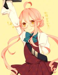 Rule 34 | 10s, 1girl, ahoge, bad id, bad pixiv id, glasses, kantai collection, long hair, long sleeves, makigumo (kancolle), pink hair, school uniform, smile, solo, twintails, yellow eyes, yugake (mrnmrm)