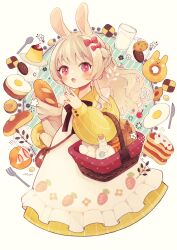 Rule 34 | 1girl, animal ears, bag, baguette, basket, black bow, black bowtie, blonde hair, blush, bottle, bow, bowtie, braid, bread, carrot print, cherry, commentary, cookie, cowboy shot, cropped torso, cup, dress, drinking glass, egg, food, food print, fork, fried egg, fruit, hair bow, half updo, hand up, highres, long hair, looking at viewer, milk bottle, open mouth, original, pancake, pancake stack, paper bag, plate, pudding, rabbit ears, red eyes, shoulder bag, signature, simple background, single braid, solo, spoon, striped clothes, striped dress, tabi 0v0, vertical stripes, wavy hair, white background, white dress, yellow dress