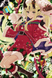Rule 34 | 1girl, arknights, bell, belt, blonde hair, blush, boots, bow, box, christmas, commentary, cross-laced footwear, dress, feet out of frame, food, fur-trimmed dress, fur-trimmed hood, fur-trimmed jacket, fur-trimmed sleeves, fur trim, gift, gift box, gingerbread cookie, gingerbread man, green eyes, holding, holding sack, hood, horn bow, horn ornament, horns, index finger raised, jacket, lace-up boots, long hair, long sleeves, looking at viewer, parted lips, plate, pom pom (clothes), reed (arknights), ribbon, sack, santa costume, sleeves past wrists, solo, tokifuji kougetsu, very long hair, yule log (cake)