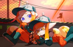 Rule 34 | 2girls, artist name, baseball cap, blue eyes, blunt bangs, blunt ends, boots, bow, cellphone, chain-link fence, chewing gum, commentary, elbow gloves, english commentary, fence, gloves, golden egg, green bow, green footwear, green gloves, green headwear, hat, highres, holding, holding phone, inkling, inkling girl, inkling player character, long hair, long sleeves, looking at another, lying, medium hair, multiple girls, nintendo, octoling, octoling girl, octoling player character, on stomach, orange eyes, orange hair, orange overalls, orange sky, outdoors, overalls, parted lips, phone, pointy ears, print headwear, rubber boots, rubber gloves, sahata saba, salmon run (splatoon), shirt, signature, sitting, sky, smartphone, splatoon (series), splatoon 2, suction cups, tentacle hair, white shirt