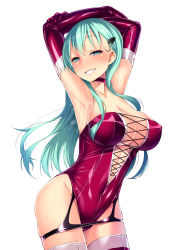Rule 34 | 10s, 1girl, alternate costume, aqua eyes, aqua hair, armpits, arms up, bare shoulders, blush, breasts, choker, christmas tree hair ornament, cleavage, collarbone, covered erect nipples, covered navel, cowboy shot, cross-laced clothes, elbow gloves, gloves, grin, groin, hair ornament, hairclip, half-closed eyes, highres, kantai collection, large breasts, leaning forward, leotard, long hair, looking at viewer, parted lips, pink gloves, pink leotard, revealing clothes, satou kuuki, shiny skin, simple background, skin tight, smile, solo, standing, strapless, strapless leotard, suzuya (kancolle), sweat, teeth, white background