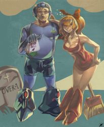Rule 34 | 1boy, 1girl, aged up, android, arm around shoulder, blonde hair, boots, breasts, broom, brother and sister, capcom, cleavage, commentary, daremaker, dress, drunk, fat, fat man, has bad revision, helmet, knee boots, large breasts, long hair, mega man (character), mega man (classic), mega man (series), ponytail, red dress, red skirt, roll (mega man), short dress, shorts, siblings, skirt, smile, street fighter, street fighter x tekken, taco bell, tekken