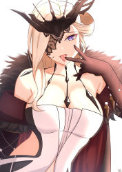 1girl, absurdres, black mask, breasts, cleavage cutout, clothing cutout, crown, dangle earrings, earrings, elina (eri15), finger to mouth, fur collar, genshin impact, gloves, highres, jewelry, lace-trimmed eyepatch, large breasts, one eye covered, open mouth, platinum blonde hair, purple eyes, signora, tongue, tongue out