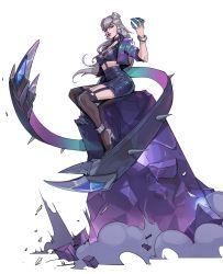 Rule 34 | 1girl, black skirt, black thighhighs, claws, cone hair bun, earrings, evelynn (league of legends), garter straps, grey background, grey hair, hair bun, hicham habchi, high heels, highres, jacket, jewelry, k/da (league of legends), k/da evelynn, league of legends, long hair, looking at viewer, o-ring, open clothes, open jacket, over-kneehighs, pink jacket, purple lips, rock, simple background, sitting, skirt, solo, spikes, thighhighs