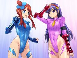 asamiya_athena blue_eyes blue_gloves blue_leotard bodypaint breasts cammy_white cammy_white_(cosplay) commentary_request commission cosplay covered_navel creatures_(company) fingerless_gloves game_freak gloves hair_ornament hairband highleg highleg_leotard jiyuuyuu killer_bee_cammy leotard lightning_bolt_symbol long_hair medium_breasts necktie nintendo pokemon pokemon_bw psycho_soldier purple_eyes purple_hair red_gloves red_hair red_hairband red_necktie ribbed_leotard shadaloo_dolls skeb_commission skyla_(pokemon) sleeved_leotard star_(symbol) star_hair_ornament the_king_of_fighters thong_leotard yellow_leotard