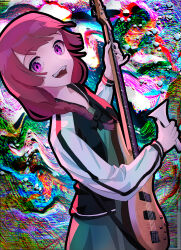 Rule 34 | 1girl, abstract background, bachi, black nails, bocchi the rock!, braid, cowboy shot, dress, dutch angle, floating hair, green dress, hair over shoulder, highres, hiroi kikuri, holding, holding plectrum, jacket, long sleeves, looking at viewer, open clothes, open jacket, plectrum, psychedelic, purple eyes, purple hair, ringed eyes, single braid, solo, teeth, track jacket, upper teeth only, wuschelminityp