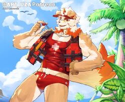 Rule 34 | 1boy, animal ears, arknights, bara, baseball cap, beach, brown fur, bulge, dog boy, dog ears, feet out of frame, first aid, furry, furry male, hat, highres, horns, hung (arknights), large pectorals, large tail, male focus, male swimwear, medium hair, midriff peek, multicolored hair, muscular, muscular male, navel hair, orange eyes, orange hair, palm tree, pectoral cleavage, pectorals, red male swimwear, red tank top, single horn, solo, standing, streaked hair, swim briefs, tail, tank top, thick eyebrows, thick thighs, thighs, tree, two-tone fur, uza (hellme), whistle, whistle around neck, white fur, white hair