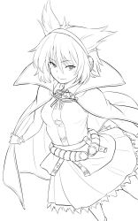 Rule 34 | 1girl, belt, bracelet, cape, closed mouth, commentary, earmuffs, frilled skirt, frills, high contrast, highres, jewelry, kakone, looking at viewer, monochrome, one-hour drawing challenge, pointy hair, short hair, simple background, skirt, smile, solo, touhou, toyosatomimi no miko