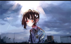 Rule 34 | 1girl, bad id, bad tumblr id, blood, blood on face, brown hair, child, cloud, cloudy sky, collared shirt, commentary, earrings, english commentary, hair bun, hair ornament, halo, highres, jewelry, letterboxed, looking at viewer, multiple earrings, orange eyes, original, outdoors, shirt, short hair, single hair bun, sky, solo, sunlight, tokikosann, upper body