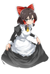 Rule 34 | 1girl, alternate costume, apron, ascot, black dress, black eyes, blush, bow, breasts, brown hair, closed mouth, commentary, cookie (touhou), cowboy shot, cropped legs, curtsey, dress, enmaided, frilled bow, frilled hair tubes, frills, hair between eyes, hair bow, hair tubes, hakurei reimu, highres, juliet sleeves, long sleeves, looking at viewer, maid, maru (cookie), medium breasts, medium hair, puffy sleeves, red bow, simple background, smile, solo, touhou, white apron, white background, yellow ascot, yumekamaborosh