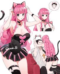 Rule 34 | 1boy, 1girl, :o, black choker, black dress, black eyes, black hair, black thighhighs, braid, breasts, cat tail, chair, choker, cleavage, cross, dracule mihawk, dress, fake tail, hair down, heart, heart necklace, holding another&#039;s wrist, jewelry, joman, korean commentary, long hair, multiple views, necklace, one piece, open clothes, open shirt, perona, prank, shirt, single thighhigh, tail, thighhighs, twin braids, twitter username, white shirt